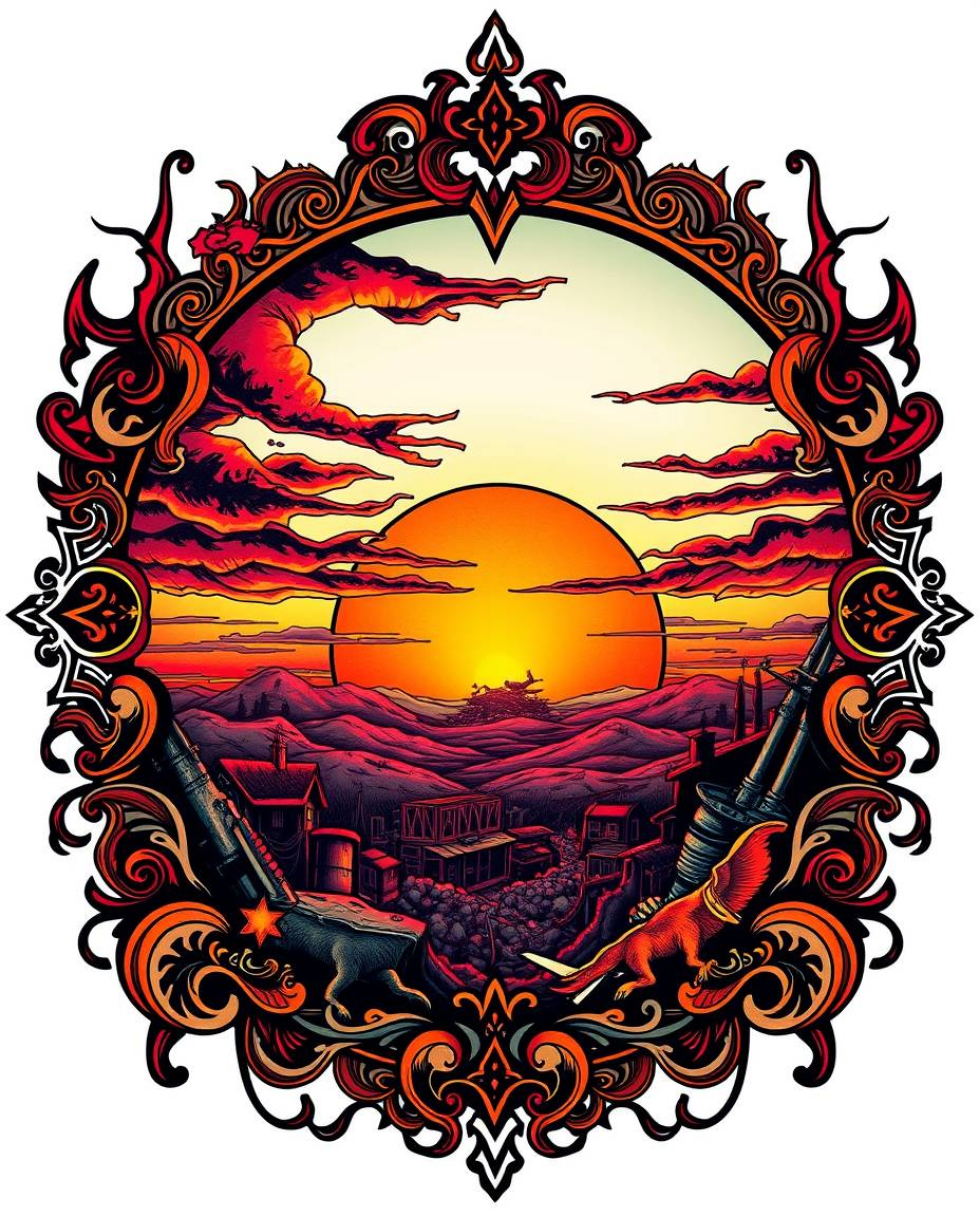 A captivating symbolic traditional tattoo art print depicts a vibrant sunrise over a war-torn landscape.  The piece features 