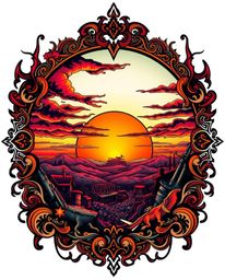A captivating symbolic traditional tattoo art print depicts a vibrant sunrise over a war-torn landscape.  The piece features 