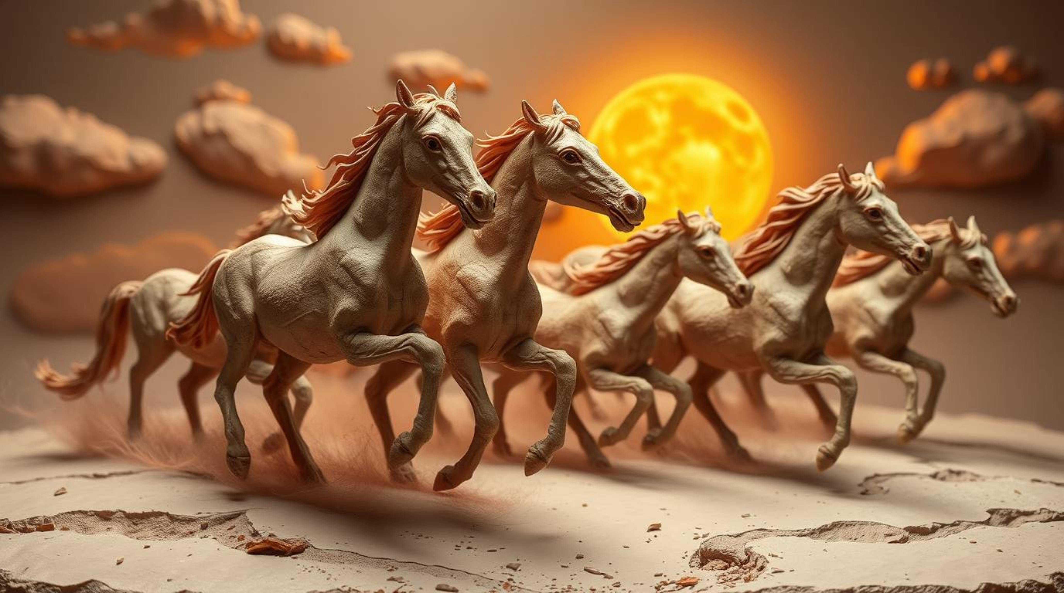 This stunning clay sculpture depicts a herd of wild horses running freely under a vibrant, glowing sky.  The piece evokes a s
