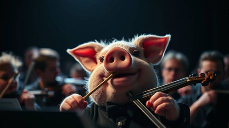 An extreme close-up macro photograph depicts a pig character dramatically conducting an orchestra.  Rendered in high contrast