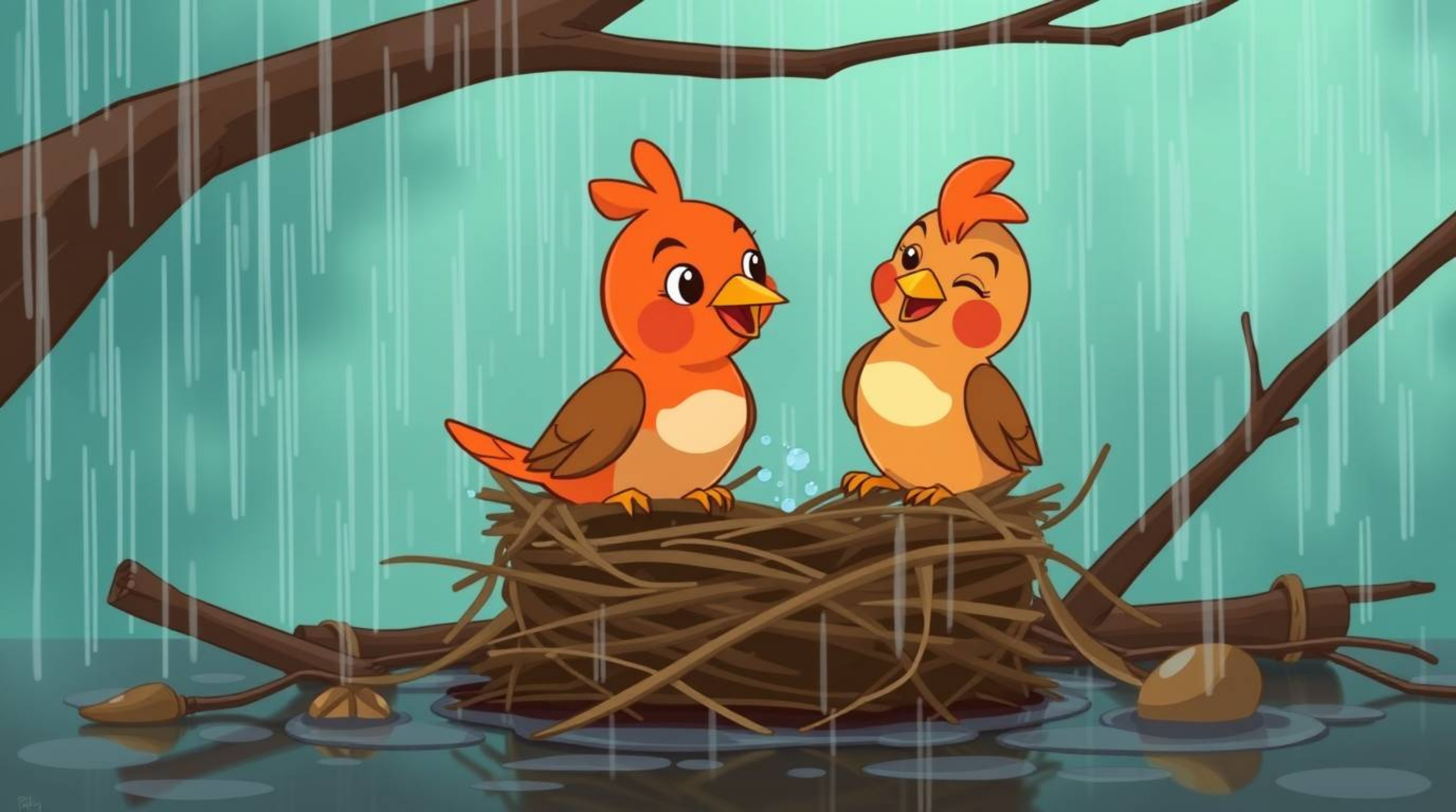 Two cartoon birds are depicted building a nest in a classic animation style, featuring a warm terracotta and cool teal color 