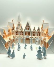 Discover a captivating image of a magical school brimming with young wizards, meticulously crafted in an intricate origami st