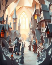 Explore a magical school brought to life with intricate origami style, where young wizards learn their craft in a mystic and 