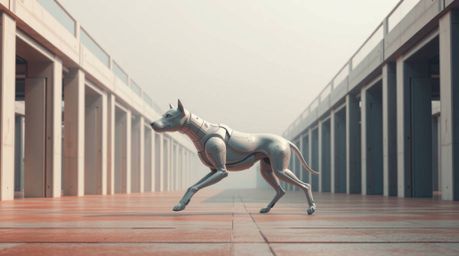 Explore a unique blend of architectural precision and whimsical futurism with this collection of color photographs. A dog of 