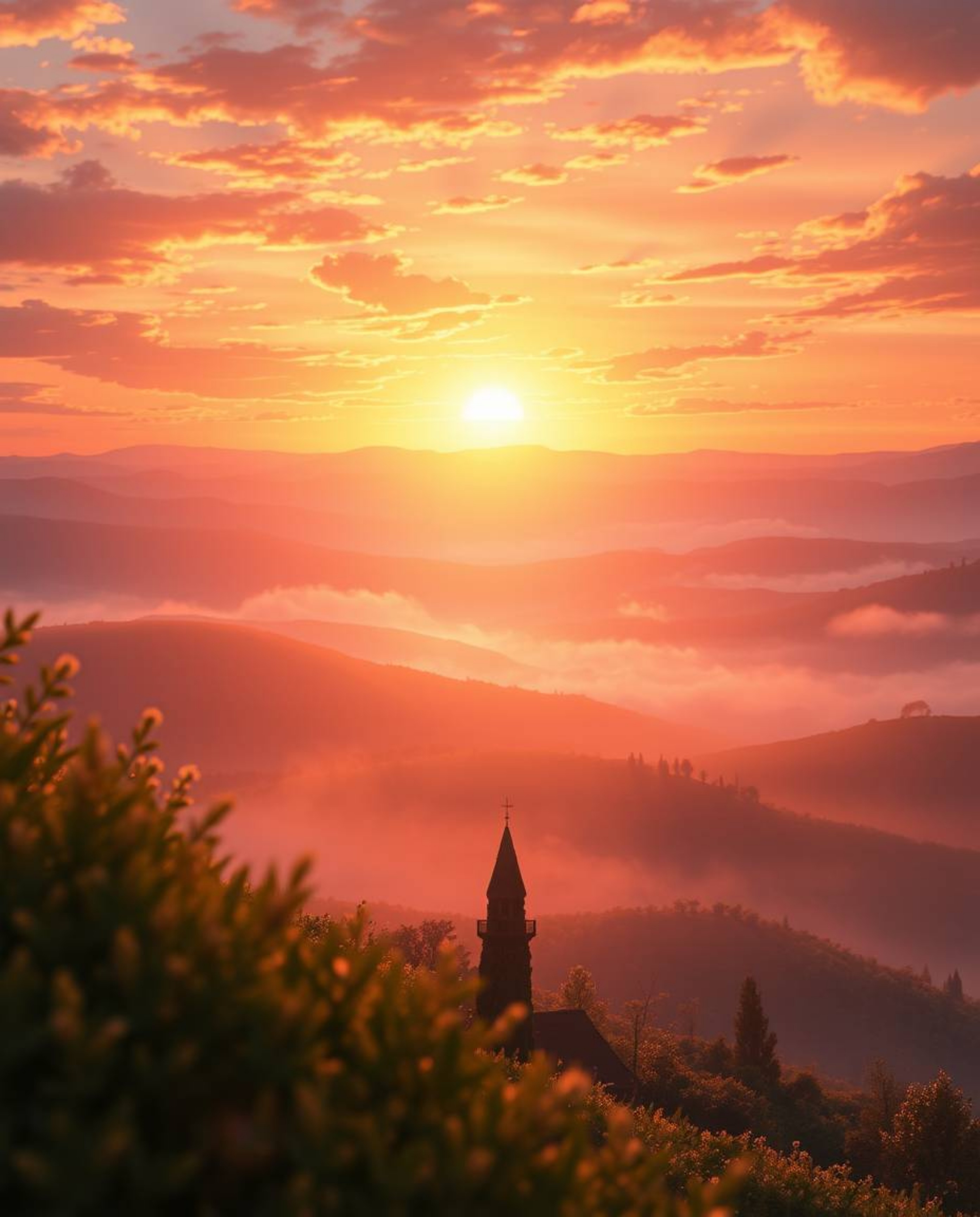 Isekai anime style extreme macro close-up of sunset over misty Tuscan hills, expressive composition, small subject details.