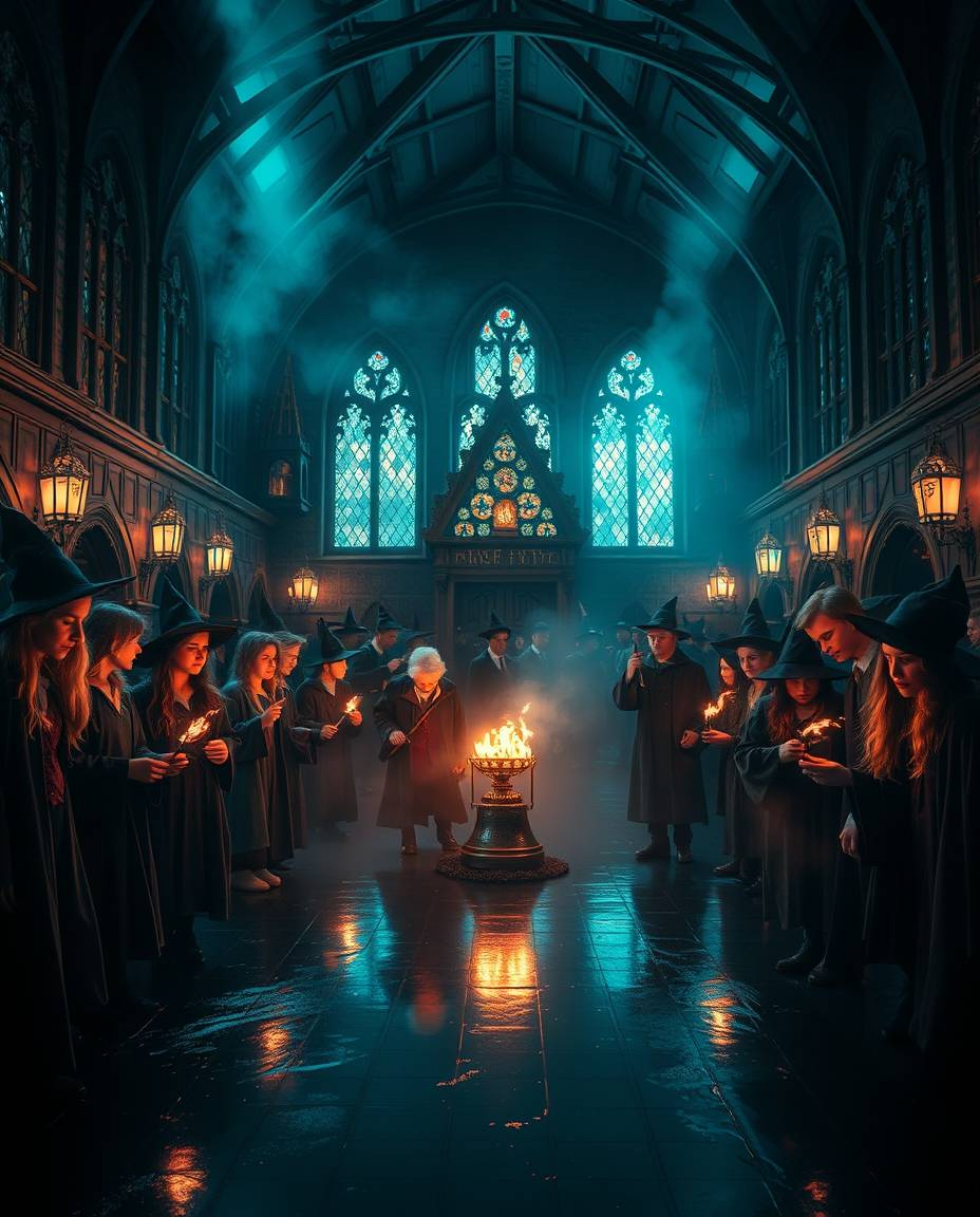 Explore a captivating magical school brimming with young wizards, rendered in a dramatic cinematic style. Experience intense 