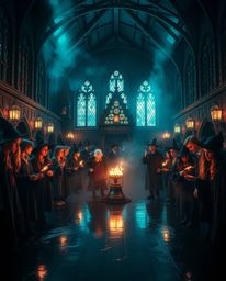 Explore a captivating magical school brimming with young wizards, rendered in a dramatic cinematic style. Experience intense 