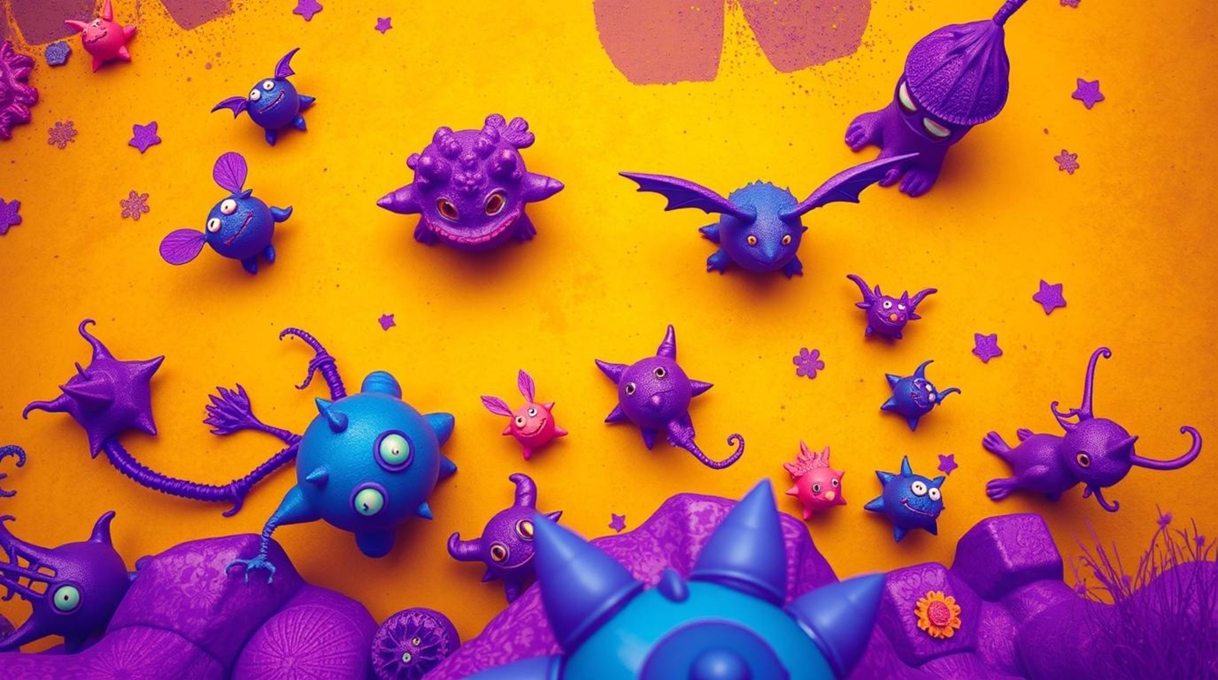 Explore a breathtaking fantasy kingdom teeming with quirky and magical creatures, rendered in deep ultraviolet hues with stri