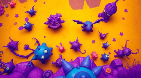 Explore a breathtaking fantasy kingdom teeming with quirky and magical creatures, rendered in deep ultraviolet hues with stri