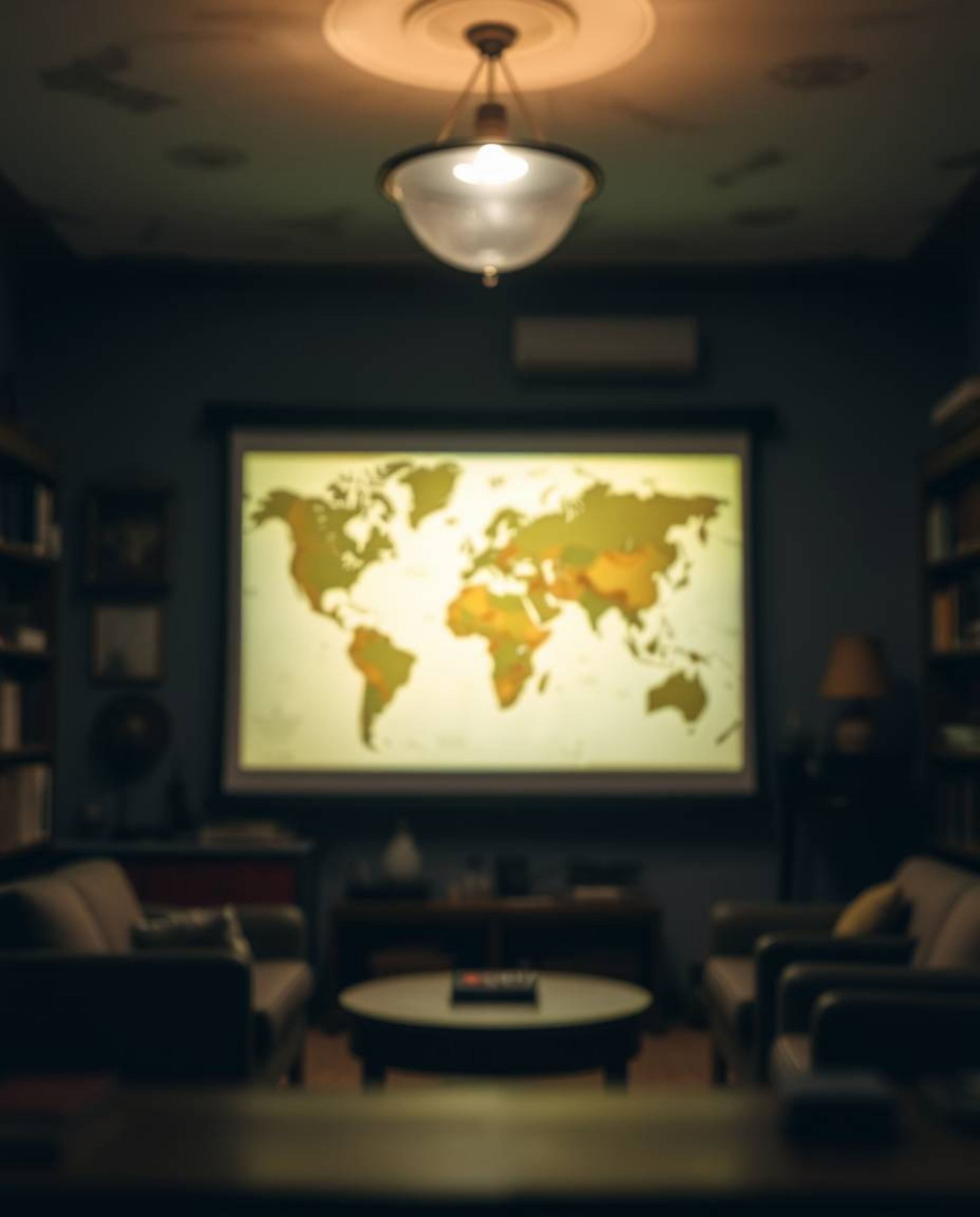 A captivating image of a glowing map projected onto a wall in an old study.  The scene is rendered with a blurred bokeh effec