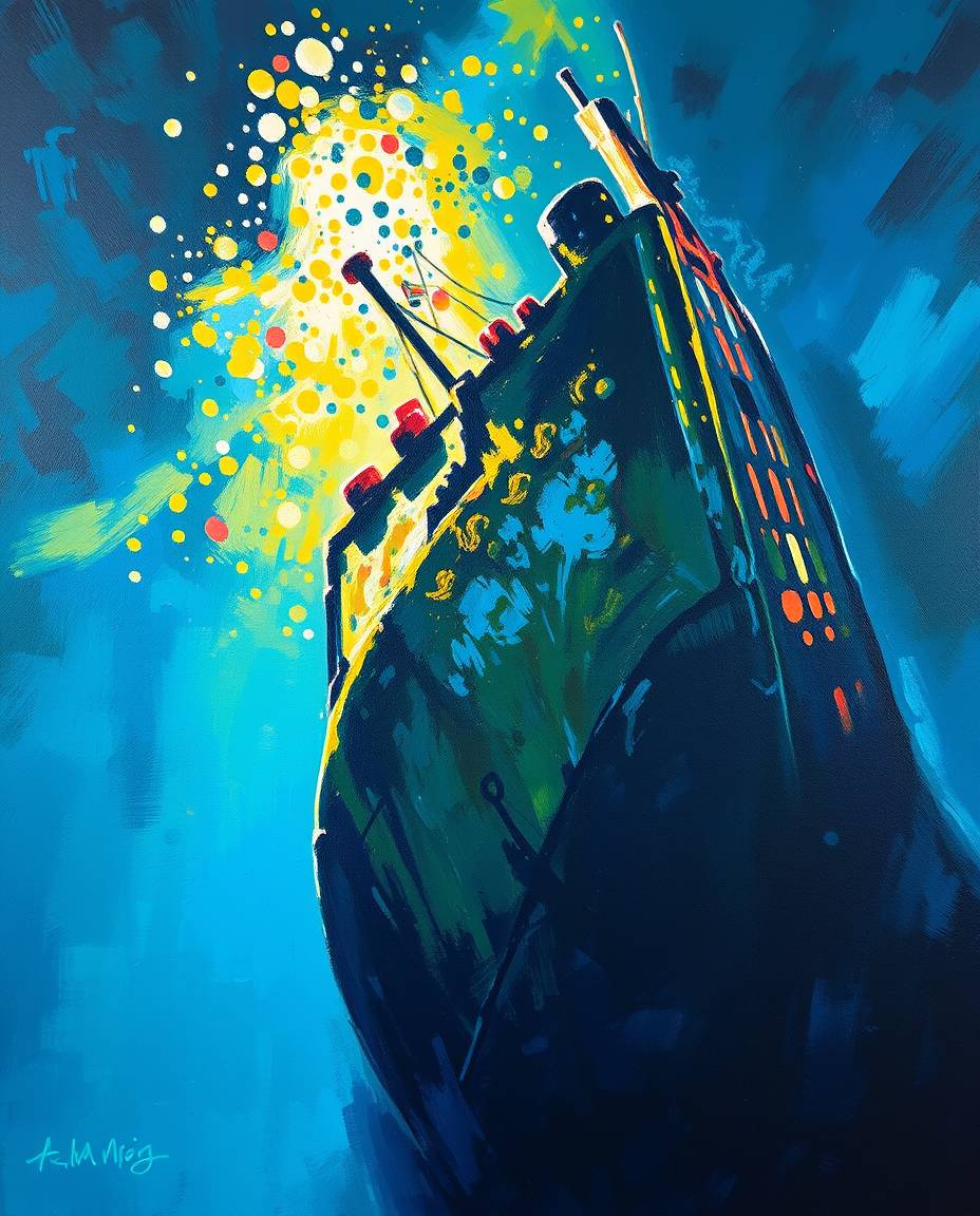 A captivating acrylic painting showcasing a shipwreck bathed in light deep underwater. The artwork employs vibrant colors and