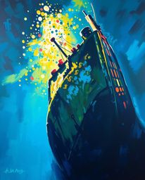 A captivating acrylic painting showcasing a shipwreck bathed in light deep underwater. The artwork employs vibrant colors and