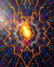 This bold acrylic painting showcases a futuristic digital interface constructed from intricate geometric patterns. The hologr