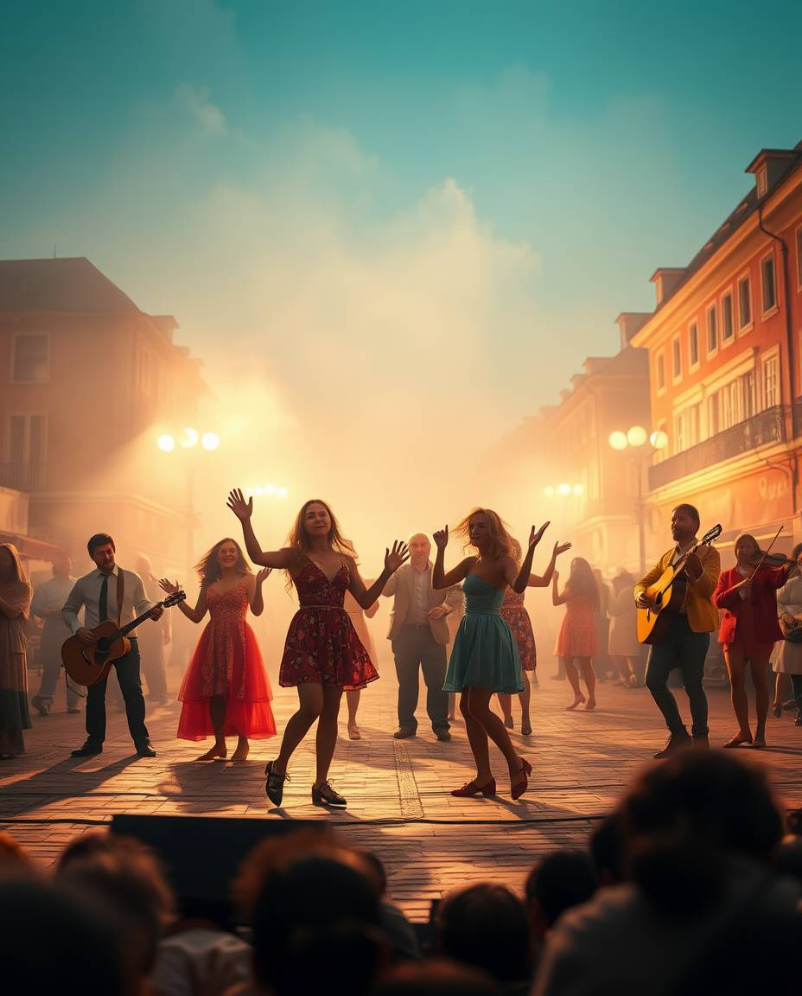 A vibrant musical performance unfolds in a sun-drenched town square, captured through a soft cinematic haze. The dreamy atmos