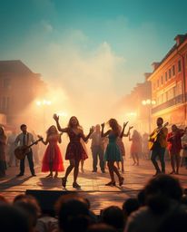 A vibrant musical performance unfolds in a sun-drenched town square, captured through a soft cinematic haze. The dreamy atmos