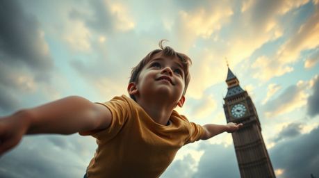 Experience a captivating low-angle perspective of a young boy with light skin soaring above London. He gazes upward at a dram