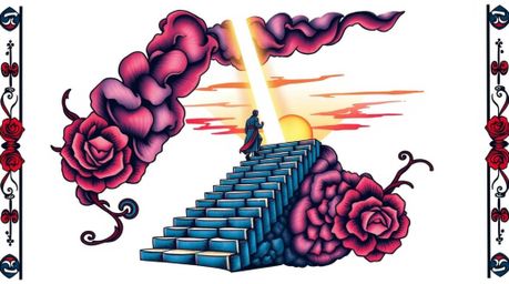 This symbolic tattoo art print features a lone figure climbing a stone staircase towards a divine light beam amidst thick smo