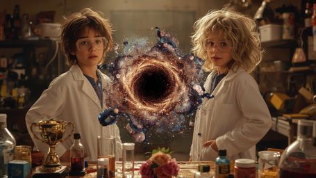 In a cinematic, warmly lit photograph rendered in a whimsical, Pixar-inspired style, a dynamic science fair duo—a boy with in
