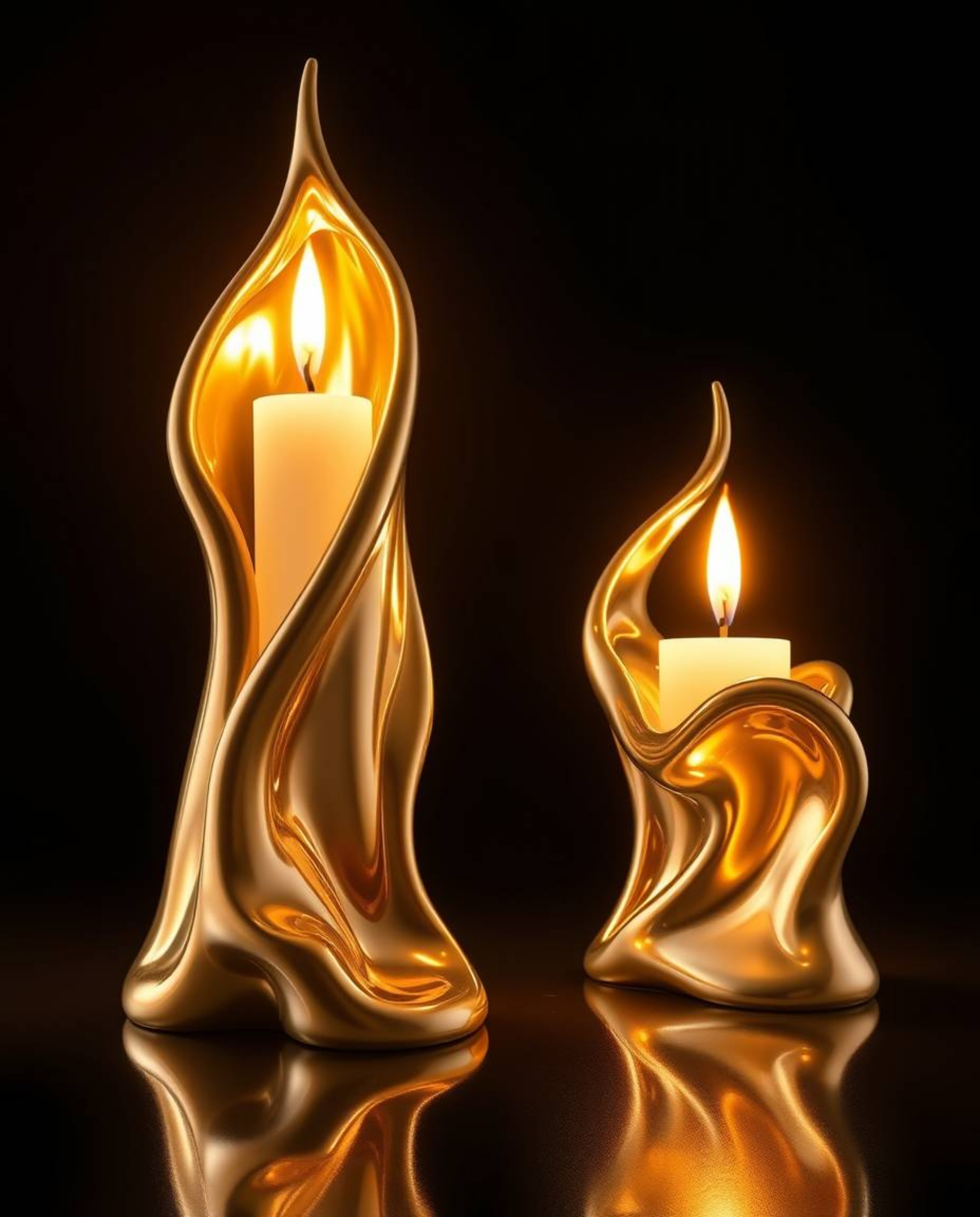 Experience the mesmerizing beauty of sculptural 3D fluid mercury shapes illuminated by warm golden studio lighting. The refle