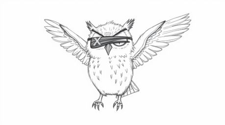 A heartwarming hand-drawn pencil sketch depicts a blind owl in a Pixar-esque style, teaching a diverse group of birds how to 