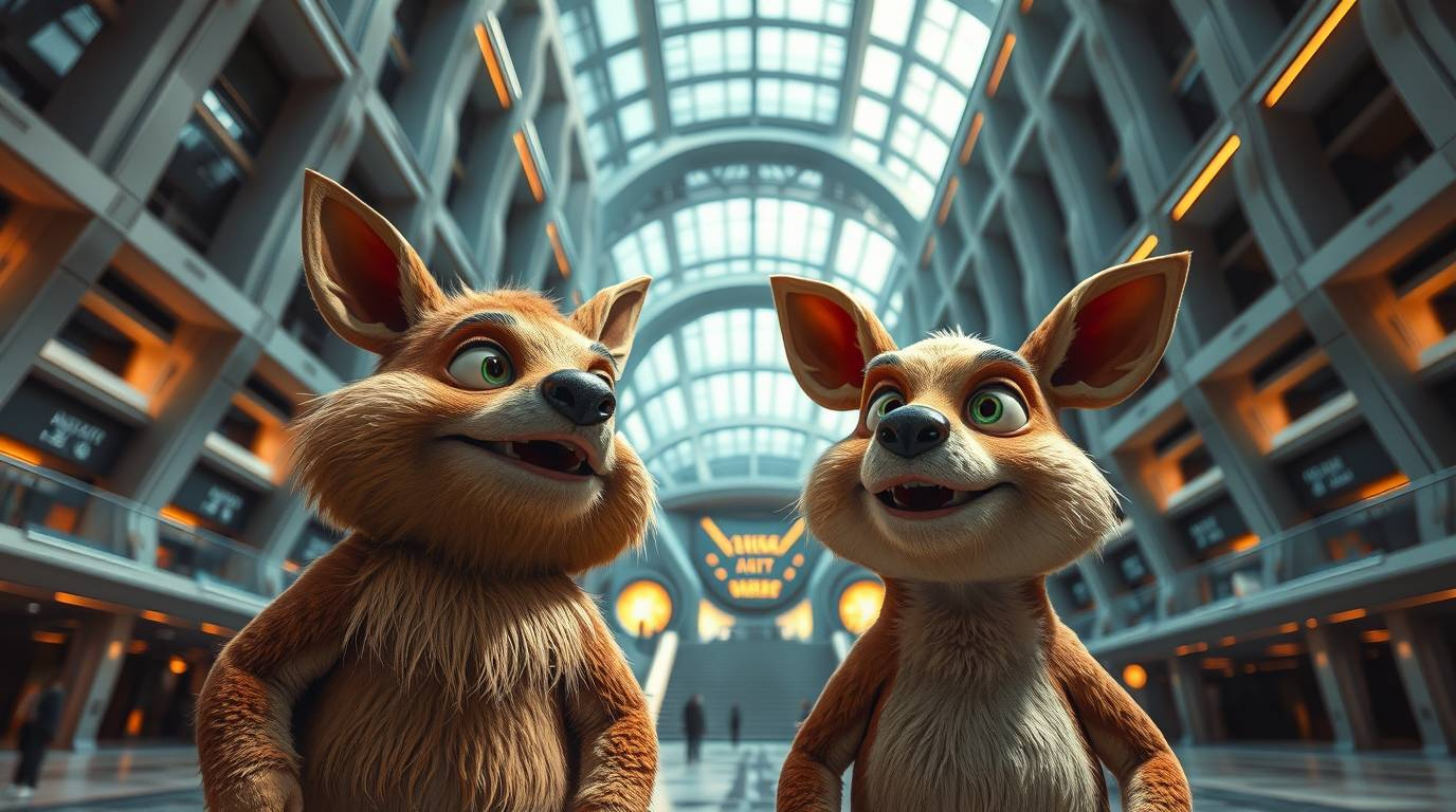 A captivating image showcasing two mischievous talking animals within a stunning, modern, and futuristic architectural settin