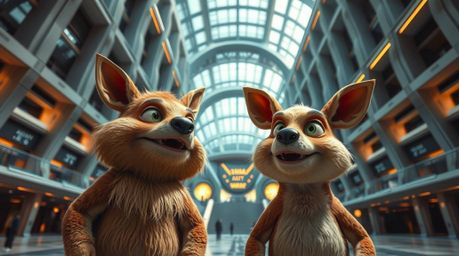A captivating image showcasing two mischievous talking animals within a stunning, modern, and futuristic architectural settin