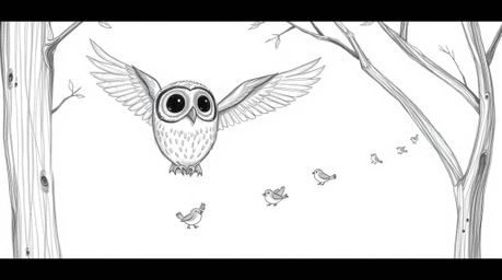 A captivating hand-drawn sketch depicts a blind owl, rendered in a style reminiscent of Pixar, with soft lines and textured p