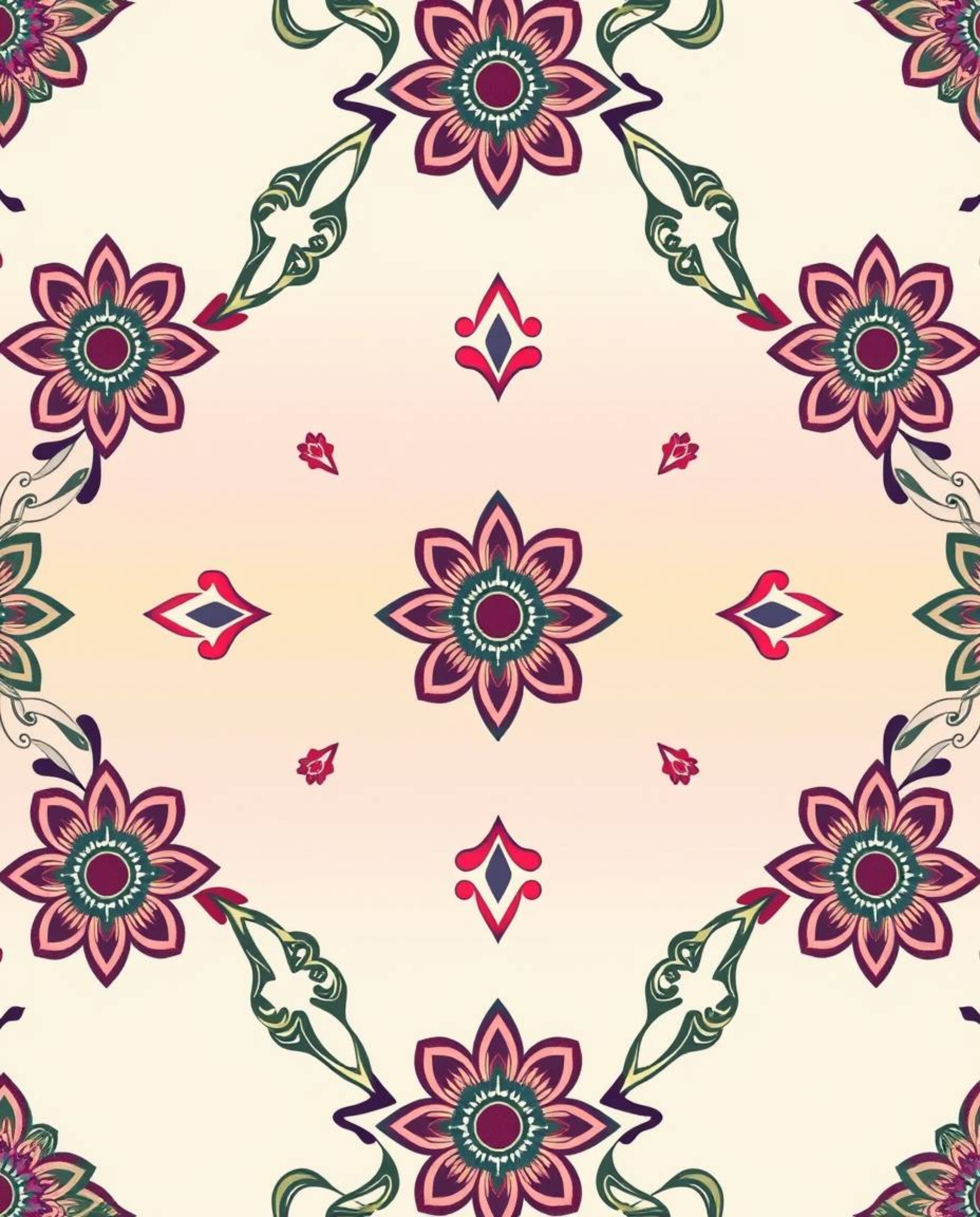 This art print features a geometric pattern wallpaper in a traditional tattoo style, characterized by pastel gradients and an