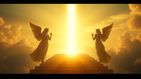 A cinematic and soft-focus image depicts a warm golden glow and hazy background, showcasing radiant steps of light ascending 