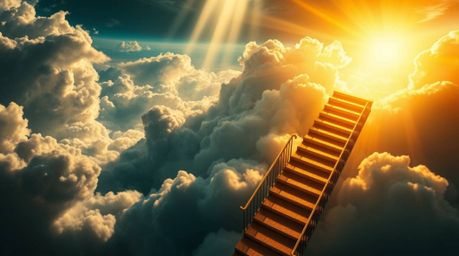 A breathtaking bird's-eye view showcases a golden staircase ascending through ethereal clouds towards a radiant heaven.  Sunl