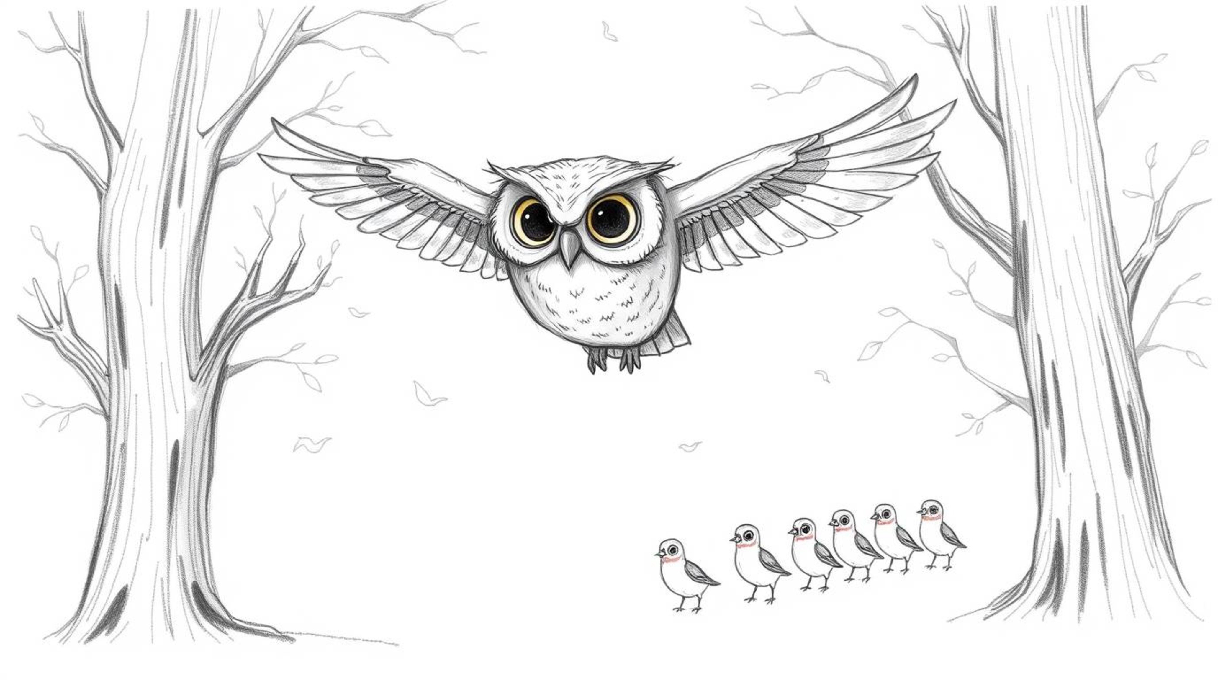 A captivating pencil sketch depicts a blind Pixar-esque owl with soft features gracefully gliding through detailed trees.  It