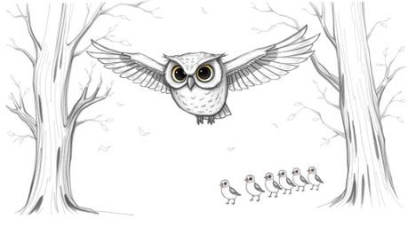 A captivating pencil sketch depicts a blind Pixar-esque owl with soft features gracefully gliding through detailed trees.  It