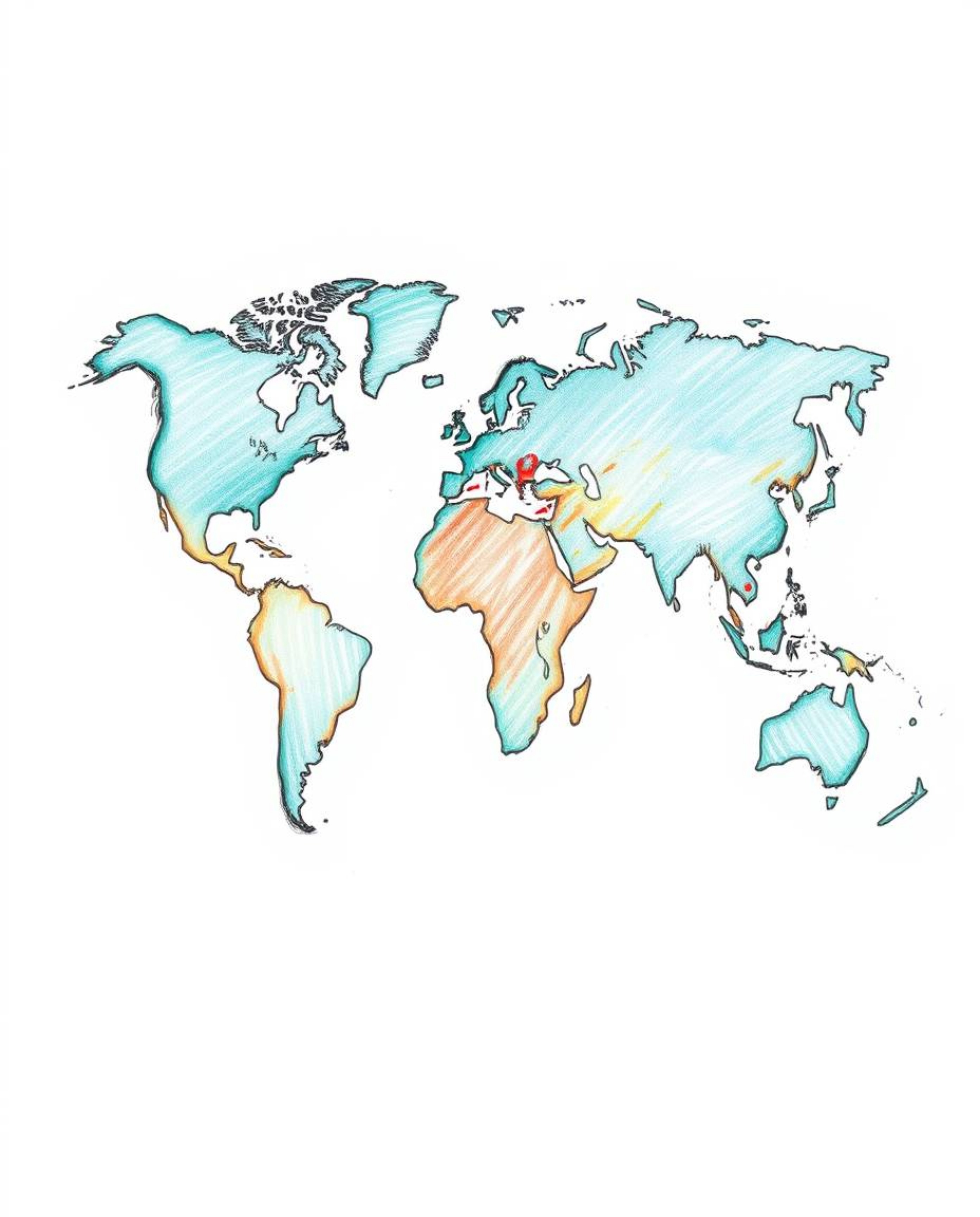 This artwork features a hand-drawn sketch of a world map, rendered in a rich, deep teal color scheme. The map is creatively c