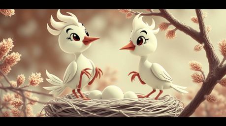 Two cartoon birds are meticulously crafting a nest in a visually striking classic animation style. Rendered in surreal infrar