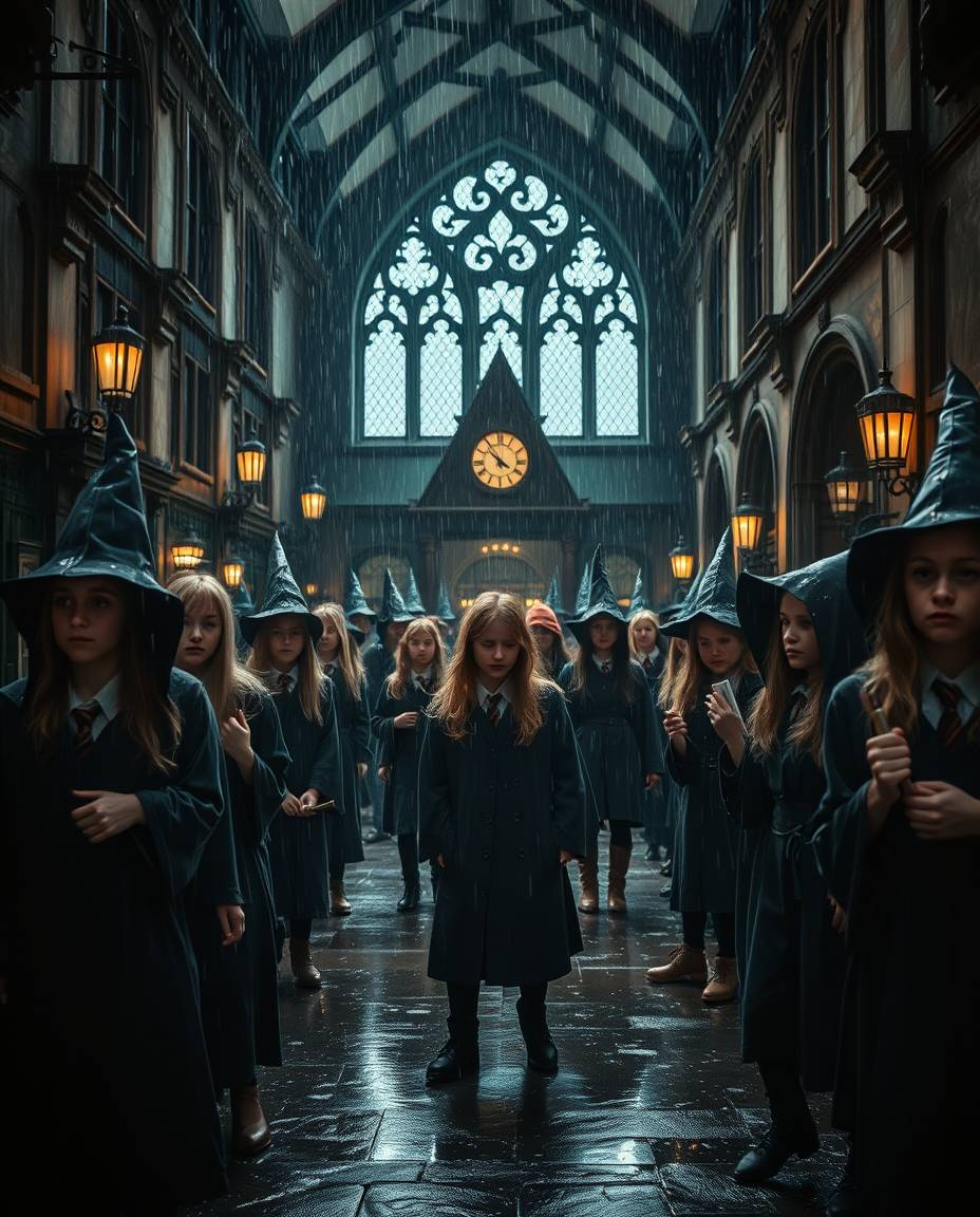 Immerse yourself in a dramatic cinematic portrayal of a magical school teeming with young wizards, captured in a wet, rainy s