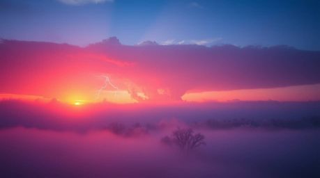 Explore a surreal infrared image capturing a thunderstorm illuminated by the vibrant hues of sunset.  This otherworldly scene