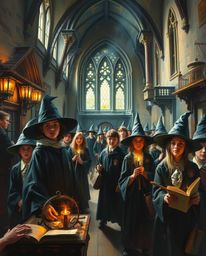 Discover breathtaking cinematic oil paintings depicting a magical school brimming with young wizards.  Experience rich textur