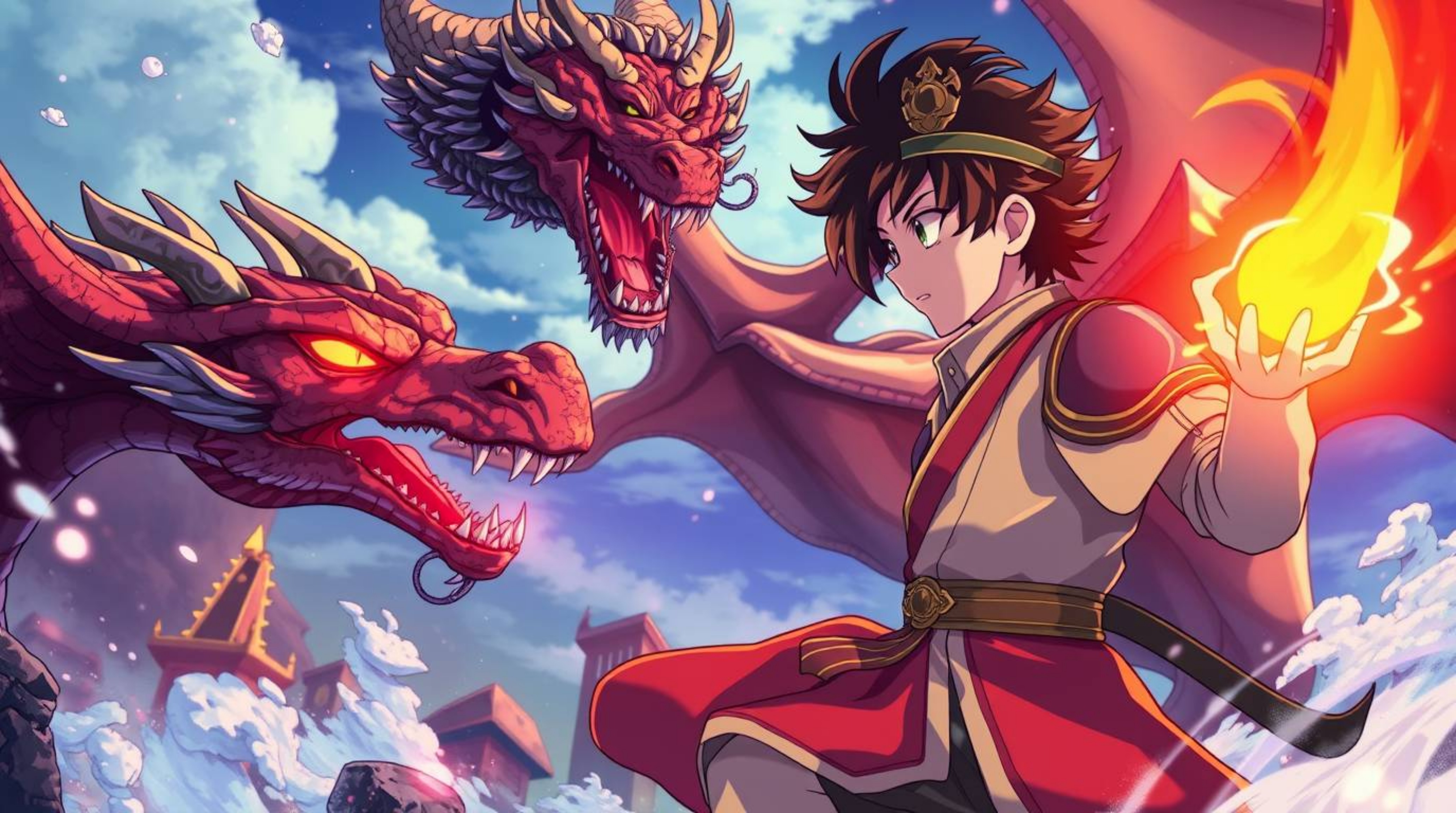 A captivating scene in the style of a 1950s anime depicts a charming prince bravely battling a magnificent dragon.  The expre