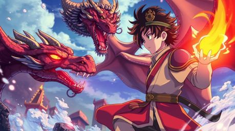 A captivating scene in the style of a 1950s anime depicts a charming prince bravely battling a magnificent dragon.  The expre