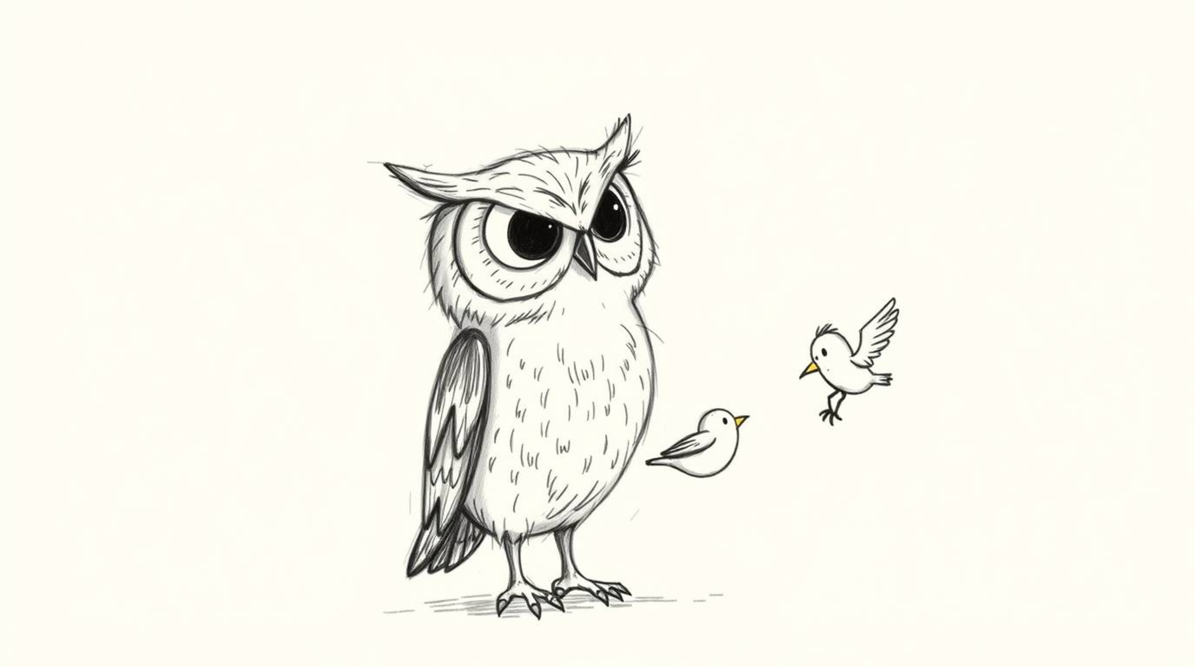 A whimsical hand-drawn sketch showcases a blind owl, rendered with textured pencil strokes, passionately guiding small birds 