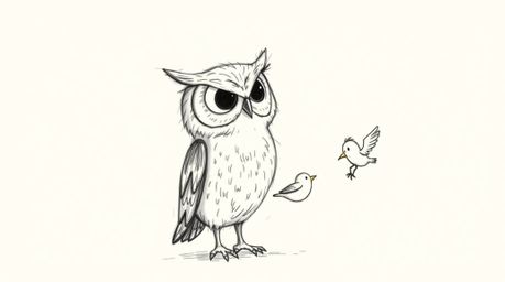 A whimsical hand-drawn sketch showcases a blind owl, rendered with textured pencil strokes, passionately guiding small birds 