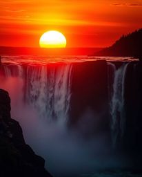 Experience a breathtaking moment with this cinematic-style image of a sun setting behind a dramatic waterfall. The scene is b