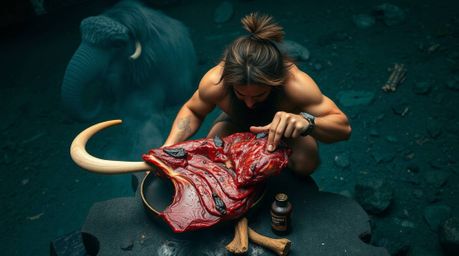 A high-angle perspective shot showcases a caveman expertly cooking mammoth meat against a rich, deep teal background. The ima