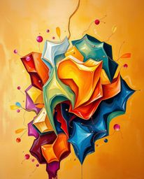 This artwork is a classic oil painting showcasing vibrant, colorful 3D fluid shapes and geometric forms bathed in a warm, gol