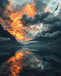 This is a modern, epic scene depicting the intense reflections of fiery clouds in a mountain lake. The composition is set on 