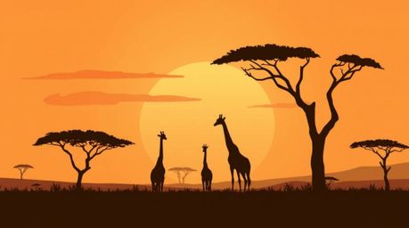 A stunning modern flat design illustration depicts a serene sunset over the African savanna. Silhouetted giraffes stand majes