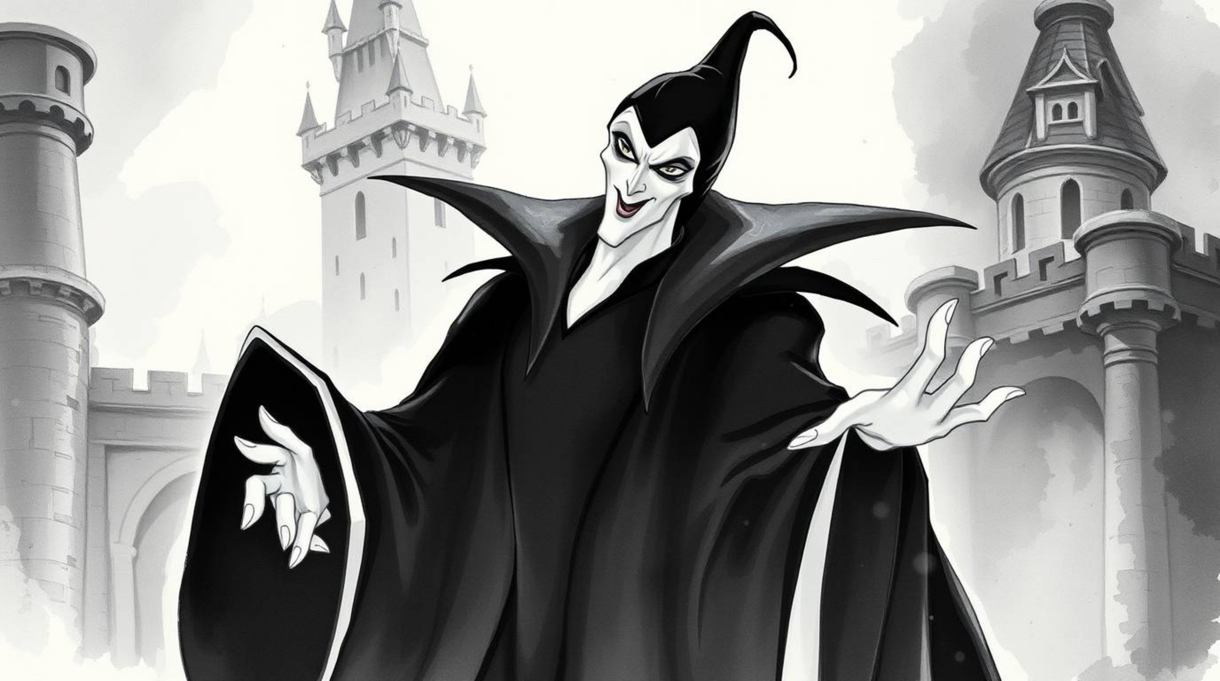 A captivating watercolor painting depicts a classic Disney villain casting a spell within an ancient castle. Rendered in ele
