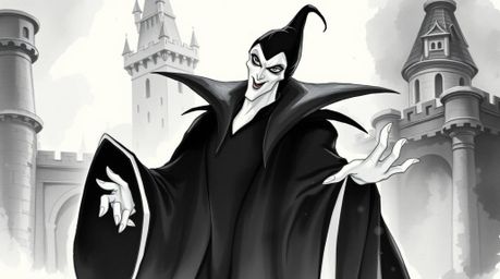 A captivating watercolor painting depicts a classic Disney villain casting a spell within an ancient castle.  Rendered in ele