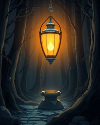 A captivating illustration in a futuristic sci-fi style depicts a glowing lantern illuminating a dark forest.  The image feat