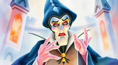 A delicate watercolor painting depicts a classic Disney villain casting a spell within a pastel-hued castle.  Subtle features